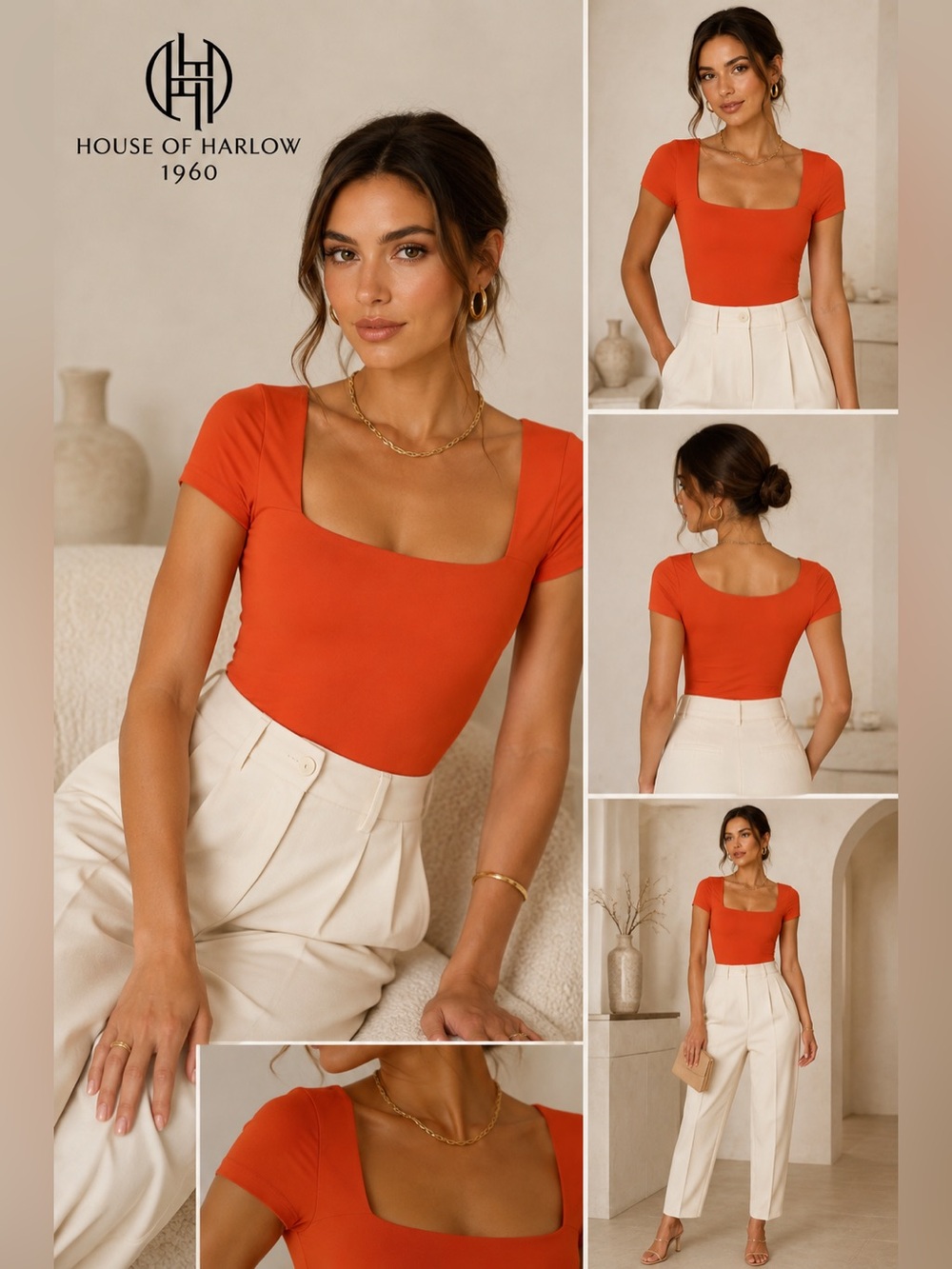House of Harlow 1960 Bright Orange Square Neck Bodysuit XS short sleeve Y2K B3